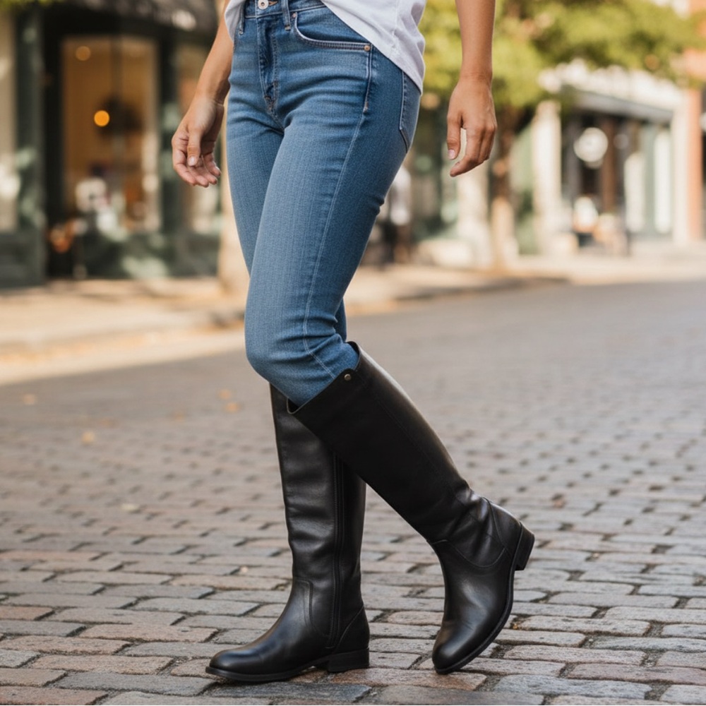 $398 Frye Melissa Stud Black Back Zip Tall Real Leather Black Knee High Boot - Picture 2 of 16